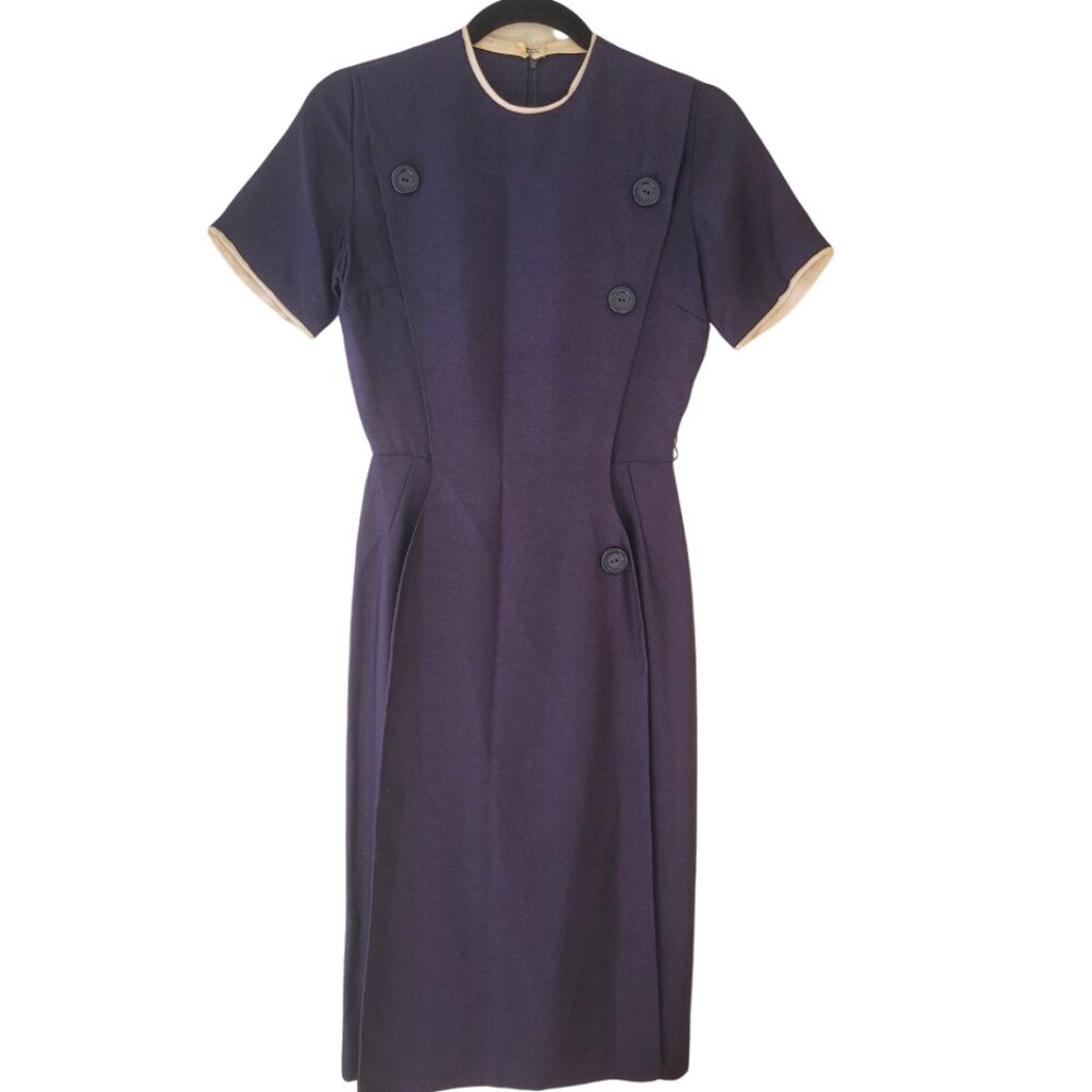 60s Vtg Short Sleeve Crewneck Knee-Length Navy Blue Sheath Dress women's XS